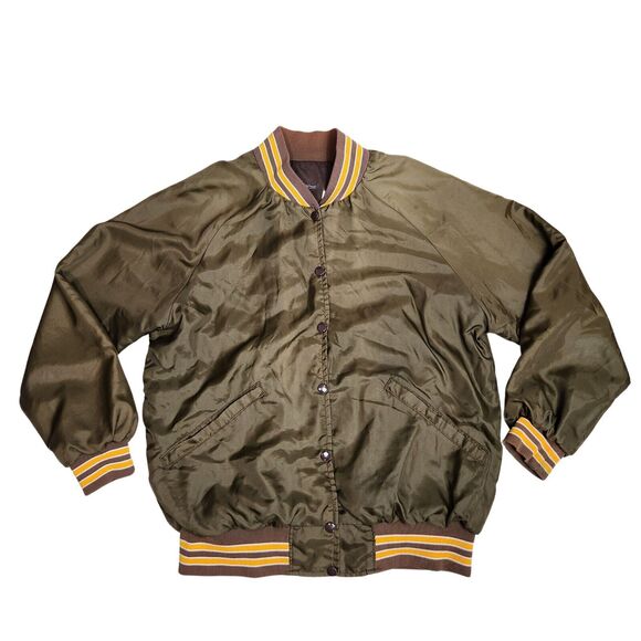Vtg 90s Varsity Bomber Jacket Mens L Brown Snap Button Streetwear‎ Urban Retro - Picture 1 of 6